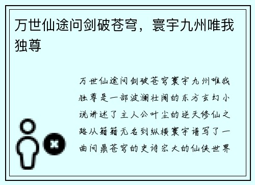 万世仙途问剑破苍穹，寰宇九州唯我独尊
